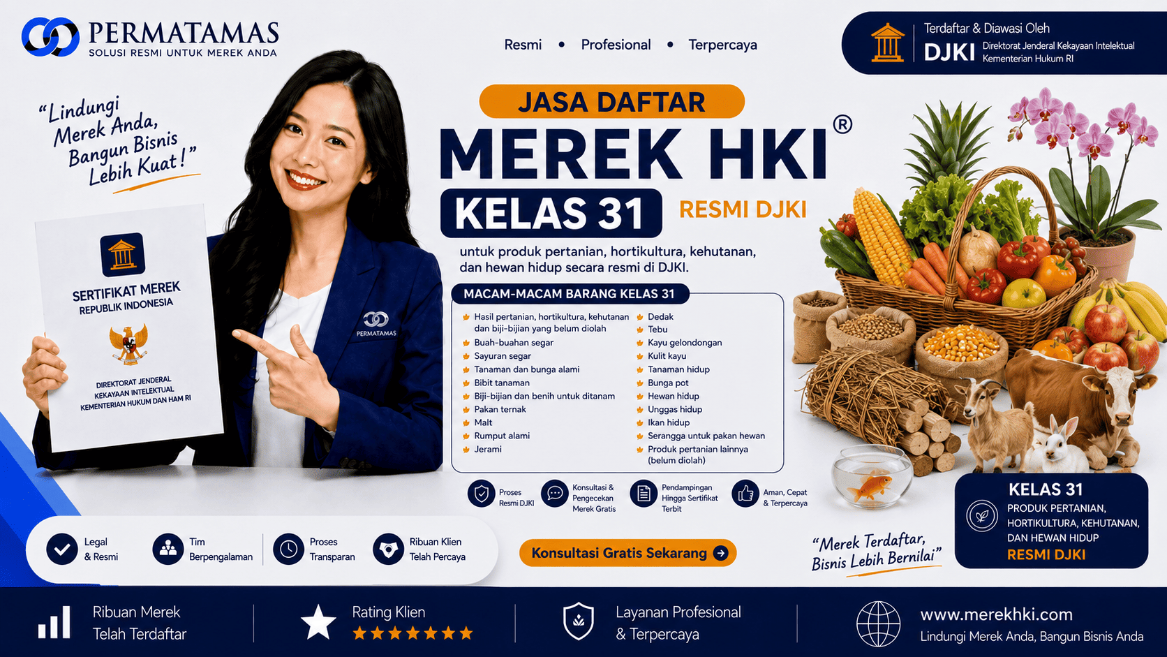 Jasa Pengurusan Merek HKI Kelas 31 untuk Pakan Hewan, Makanan Ternak, dan Produk Peternakan Resmi DJKI