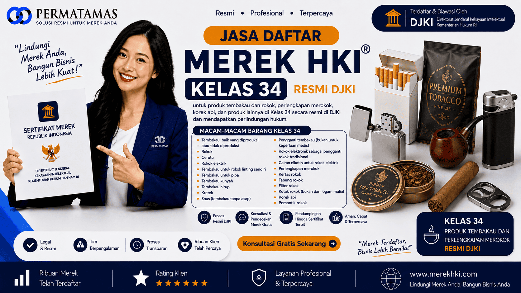 Jasa Daftar Merek HKI Kelas 34 untuk Rokok, Tembakau, Cerutu, dan Produk Tembakau Resmi DJKI