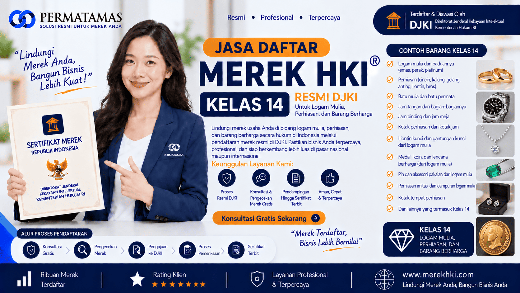 Kelas 14 Merek Produk untuk Perhiasan, Jam Tangan, Emas, Perak, dan Batu Mulia Resmi DJKI: Jasa Pendaftaran Merek HKI Resmi DJKI