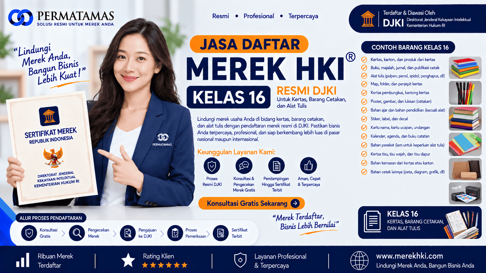 Jasa Pengurusan Merek HKI Kelas 16 untuk Alat Tulis Kantor, Alat Gambar, Kemasan Kertas, dan Produk Percetakan Resmi DJKI